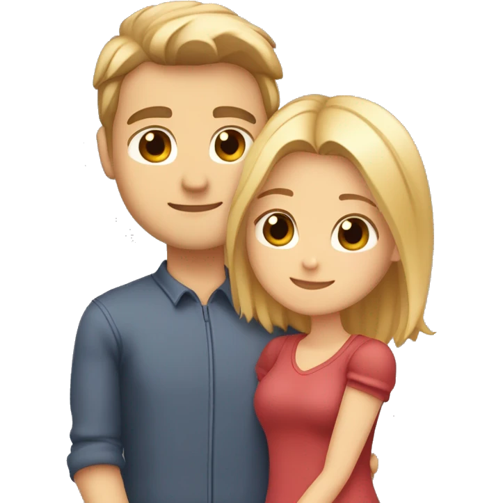boyfriend with light brown hair and brown eyes and girlfriend with blonde hair and hazel eyes hugging eachother with heart around them  emoji