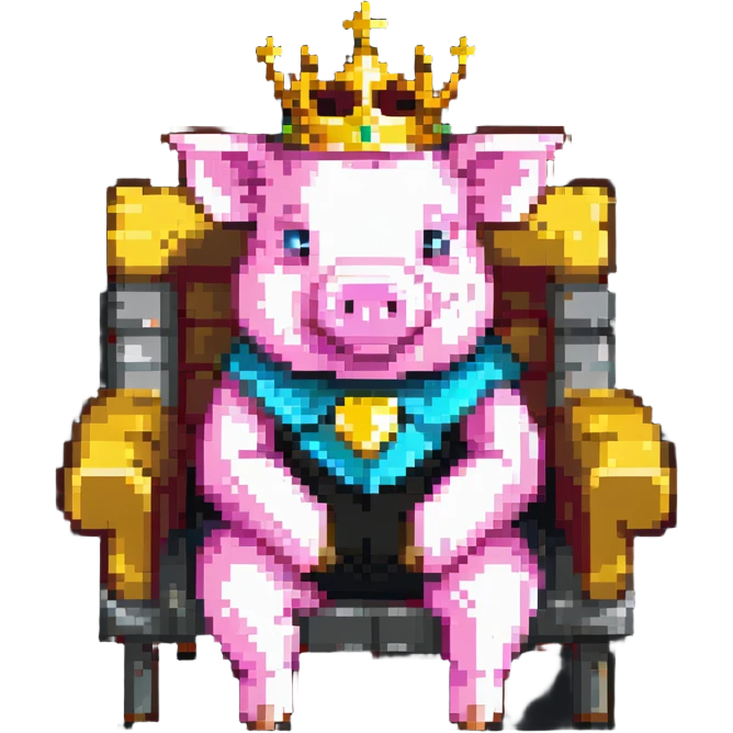 cartoon-like pixel art pig with a golden crown sitting on a throne, blocky and square like Minecraft, styled to look like LEGO Duplo blocks, chunky, colorful, simple emoji