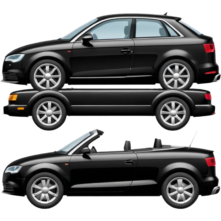 create an ios emoji of a black car, car shape must be similar to a model audi a3, being towed by a tow car. profile horizontal view on transparent background emoji