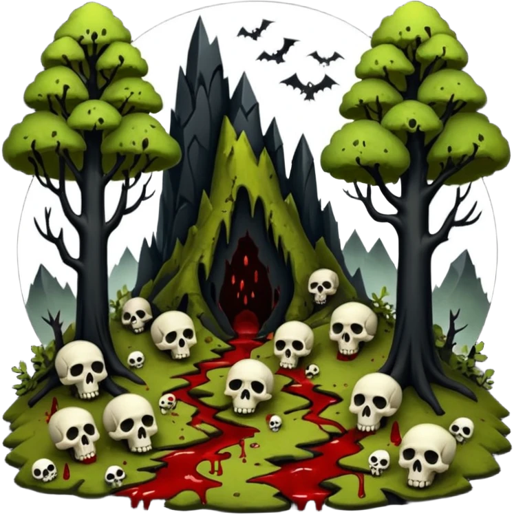 Creepy Alaskan sasquach woods make the trees smaller and covered in moss with skulls coming out of the ground and blood dripping mountains in the back ground  emoji