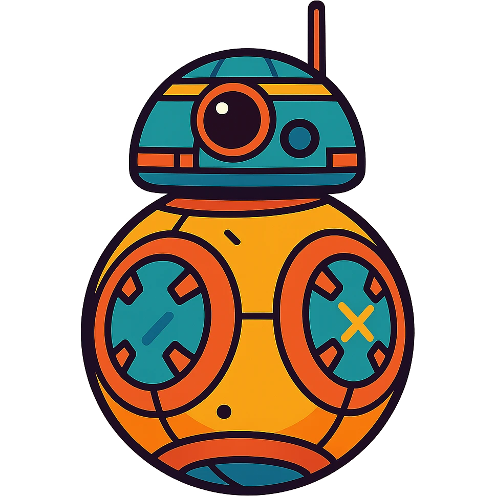 cute cartoon droid inspired by Star Wars, round body, antenna, vibrant toon style emoji