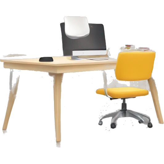 bright, modern workspace with light wood, white tables, and a colorful bookshelf emoji