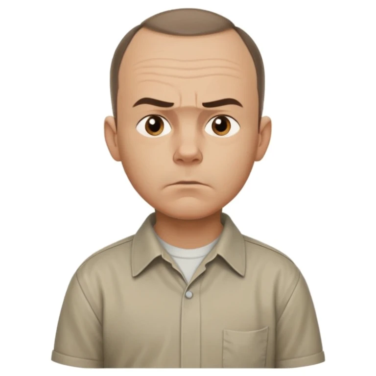 Carl from Sling Blade, serious expression, recognizable features, chin sticking out, slouching posture, no glasses, shirt with collar,  side view,show his entire body, he is standing. we see him from the side. Not frontal view. Side view. He sticks his head forward emoji