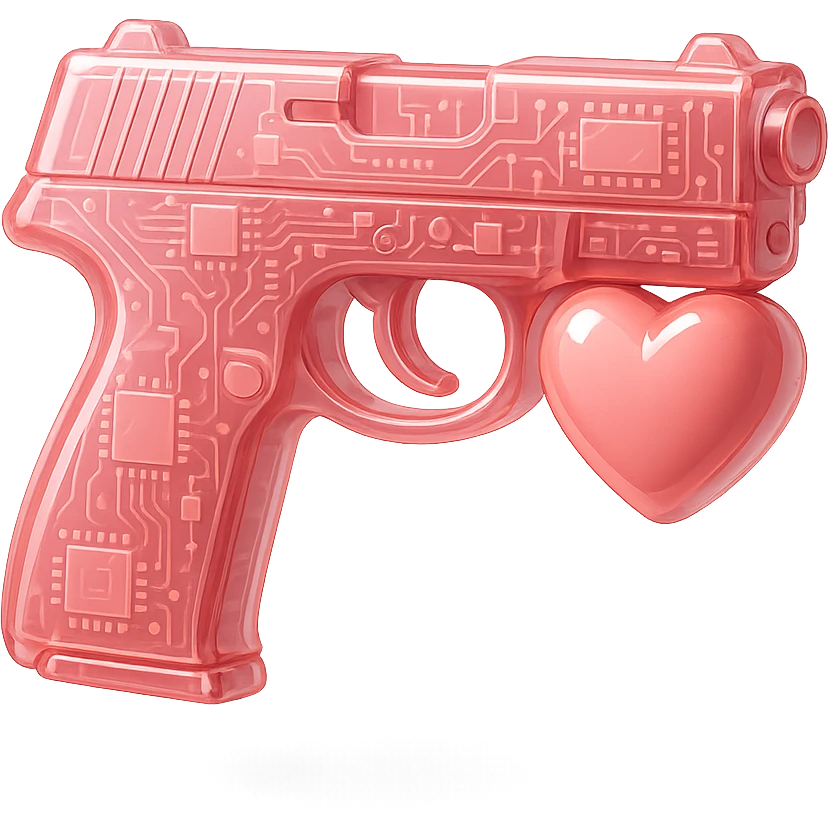 Change the photorealistic pistol to white with a glossy finish on a white background, no heart shapes or motifs. emoji