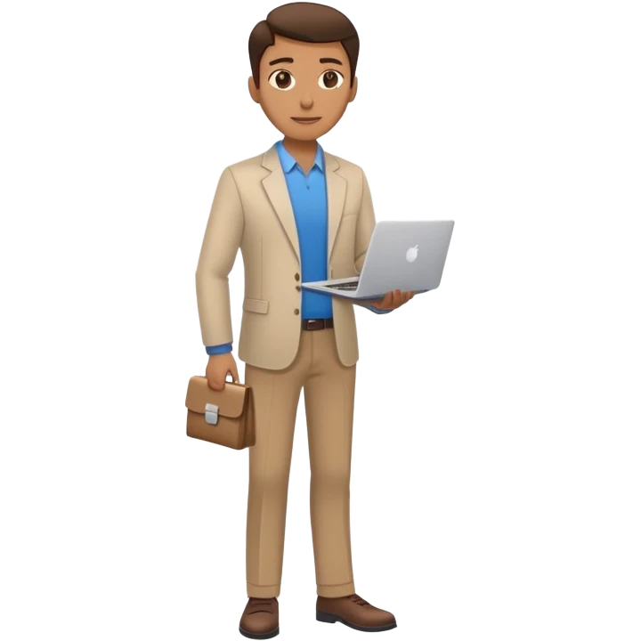 business owner standing confidently, holding a closed laptop in one hand and a takeaway coffee cup in the other. The character wears casual-smart clothes. emoji