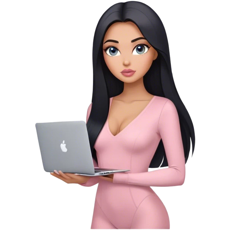 Glamours, tanned, very beautiful girl, with big pump peach-beige-rose lips, long lashes, black straight smooth silky long hair, straight parting hair, blue-grey eyes, in light-pink v-neck bodysuit holding MacBook emoji