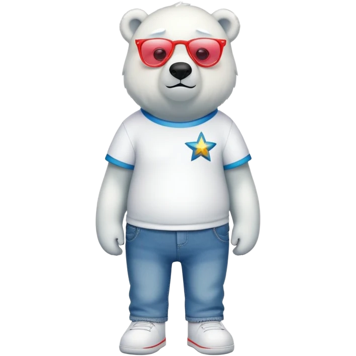 friendly anthropomorphised polar bear standing upright, looking chilled and unbothered, wearing a shirt, jeans, trainers, star-shaped colorful glasses emoji