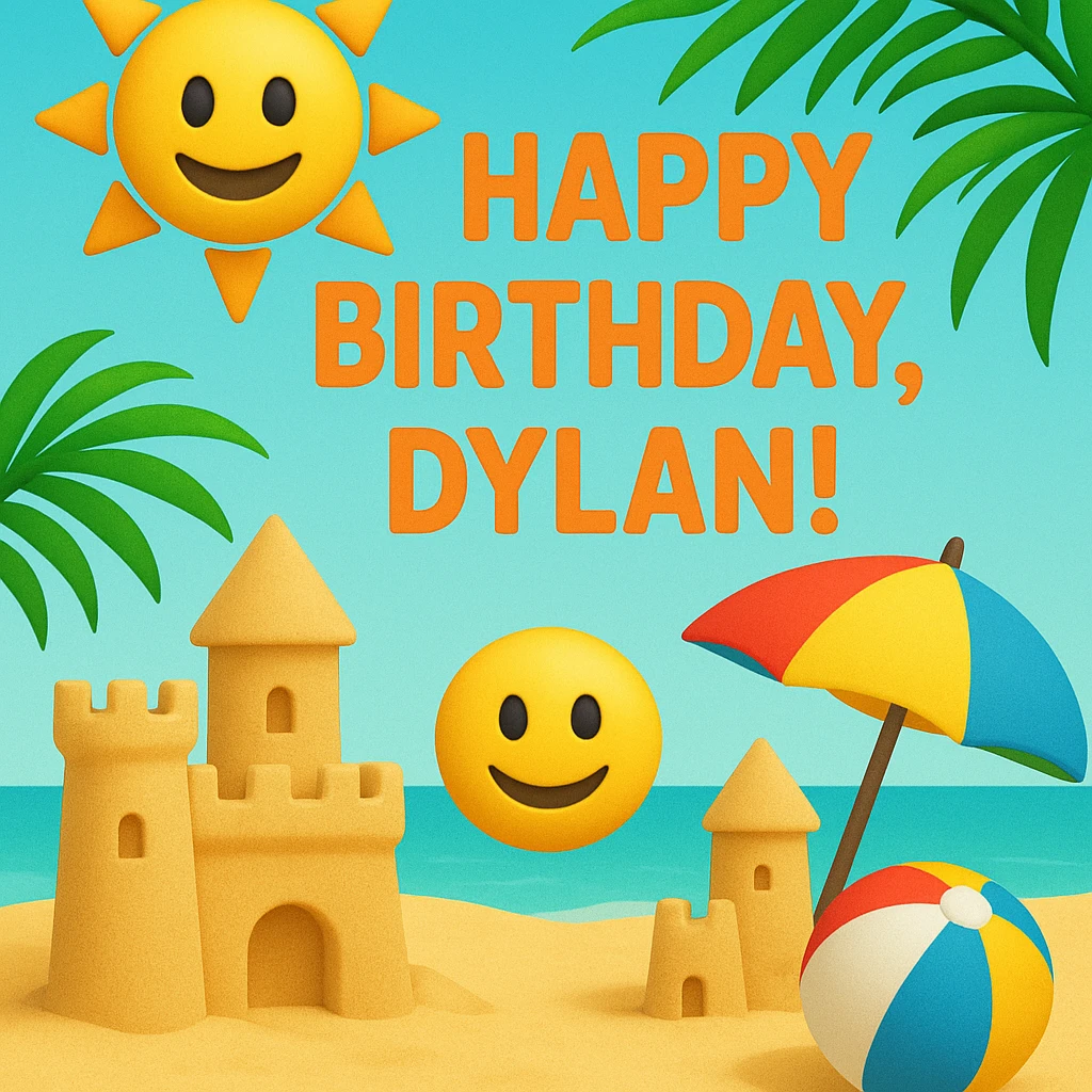 Digital birthday card for Dylan's beach party with a tropical theme, headline 'Happy Birthday, Dylan!', featuring 3D emoji sand castles, beach ball, umbrella, smiling sun and happy face emojis, bright tropical colors, playful layout emoji