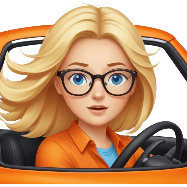 Cinematic realistic blonde with blue eyes and glasses, driving an orange car, her hair fluttering slightly in the wind emoji