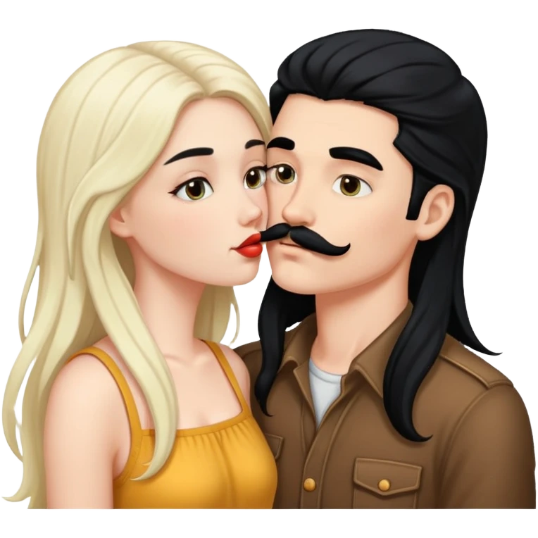 White boy with black mustache kissing white girl with long black hair emoji