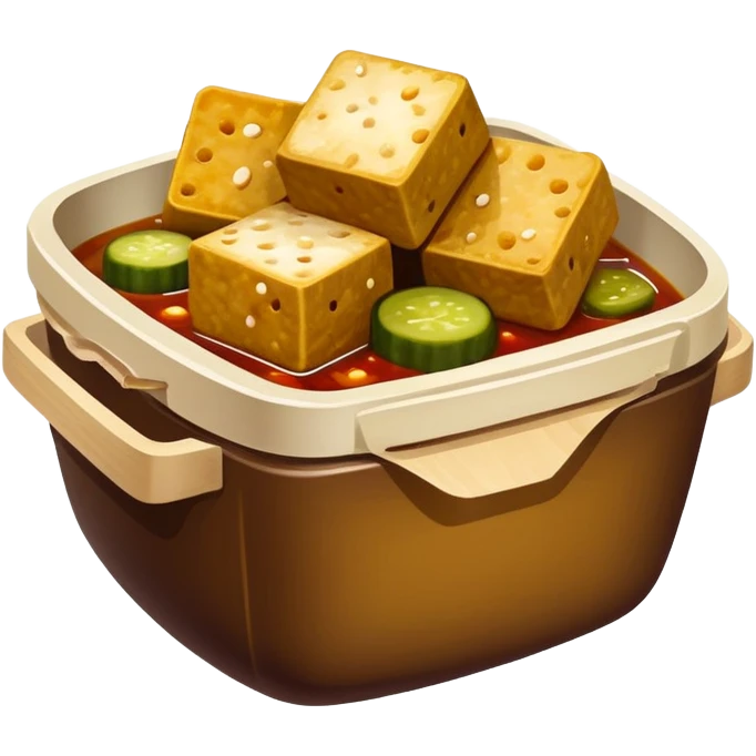 Stinky Tofu with sauce and pickles, simplified emoji style with bold outlines and bright colors, cartoon style dark fermented Chinese street food with steam emoji