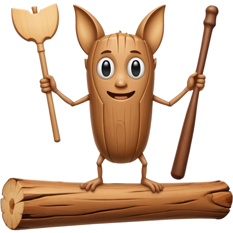 The character is an anthropomorphic wooden log with a cartoonish face, human arms and legs, and a long wooden bat, giving it a surreal, humorous appearance. emoji