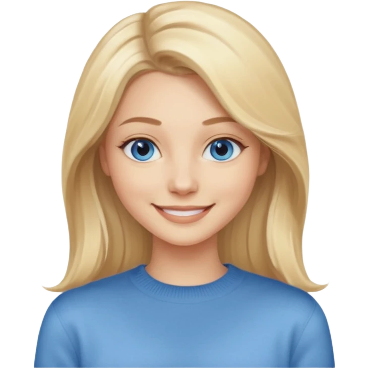 hyper realistic glamourous pale woman, Long blonde balayage hair, smiling, beige sweater & blue eyes emoji