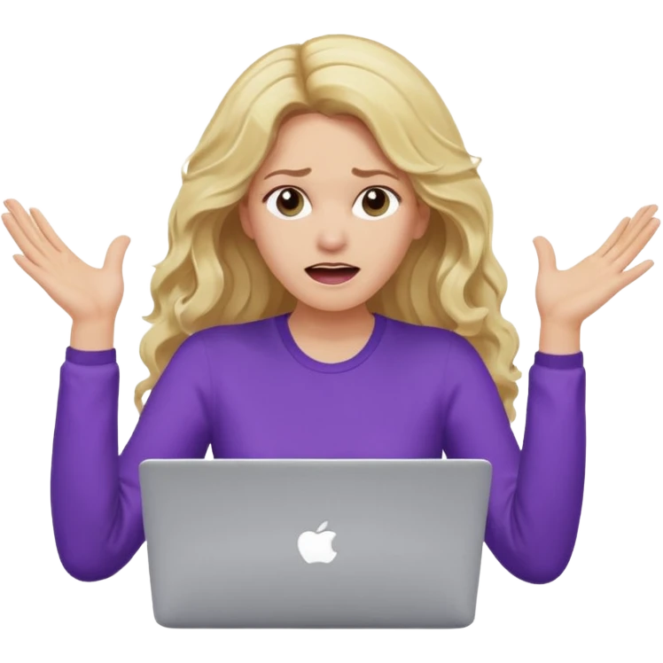 lady with long blonde wavy hair, purple top throwing her with a laptop looking exhausted emoji