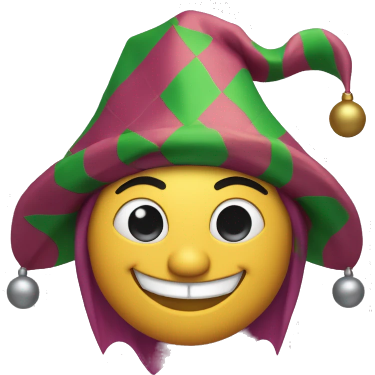 Minimalist emoji of a jester: round face, cheerful, wearing a classic three-point jester hat with bells emoji