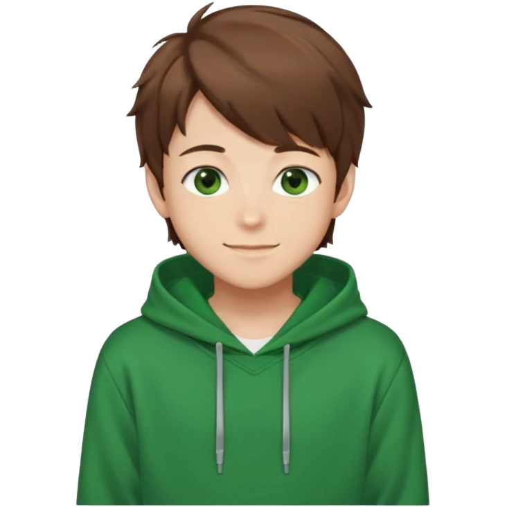 Anime teen boy with brown hair, green eyes, and a green hoodie, looking smiling slightly sideways positioned. 128px emoji