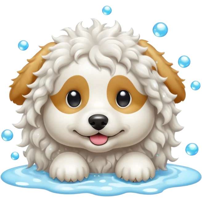 white curly dog with soap bubbles emoji