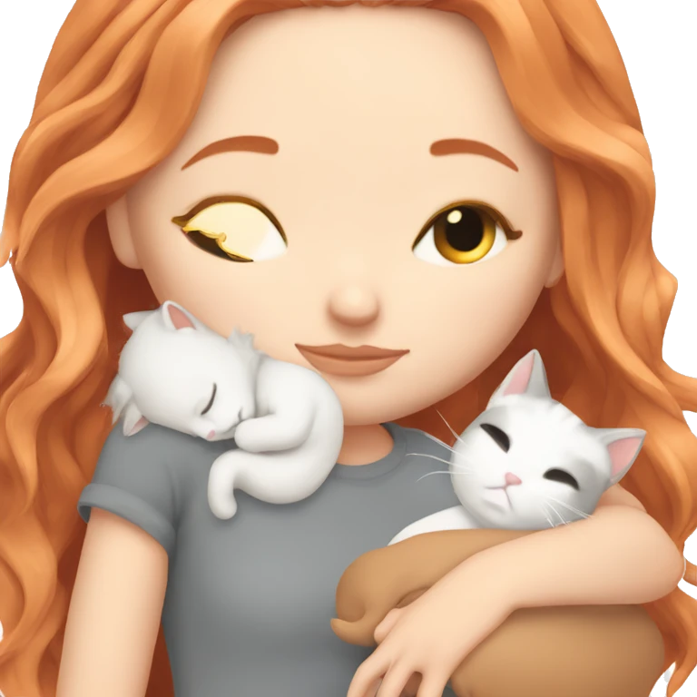 White girl blonde red hair sleeping with grey and white kitty emoji