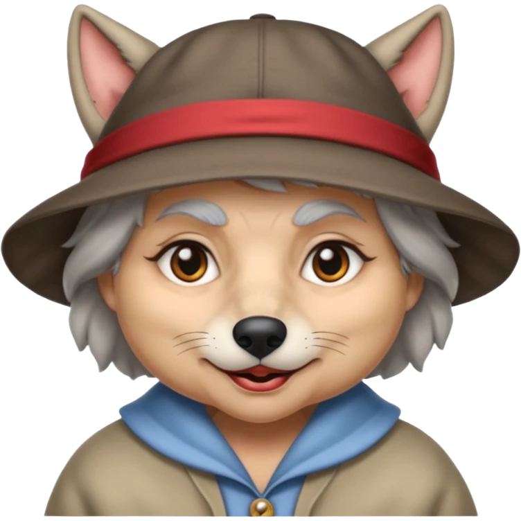 The big bad wolf is wearing Grandma's clothes and a hat, yet its face still looks like a wolf's. emoji