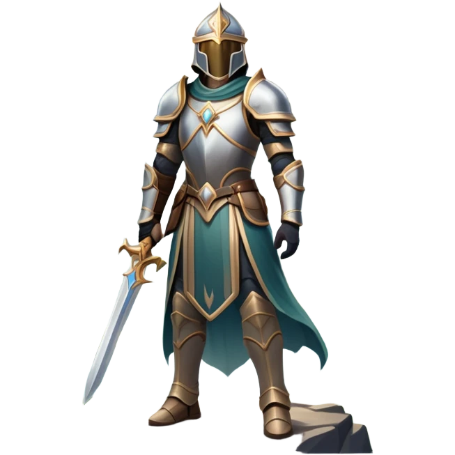 An icon featuring a hero with a closed visor, standing in a majestic, mystical landscape, inspired by RPGs like Elden Ring. The design includes a stunning, ethereal background with towering castles and distant mountains, symbolizing the adventure and mystery. Transparent background emoji