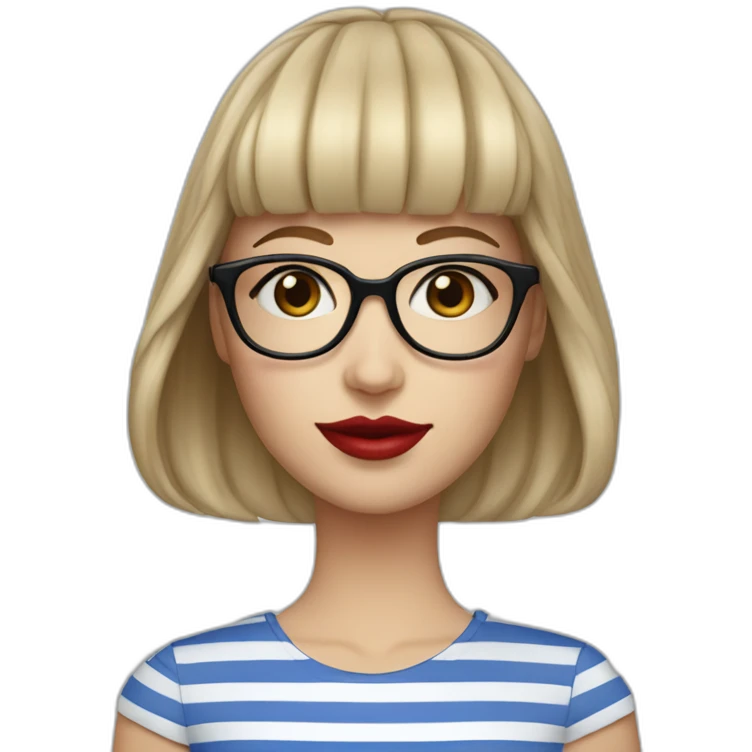 caucasian woman with square black glasses, straight bangs, red lipstick, blue and white striped t shirt emoji