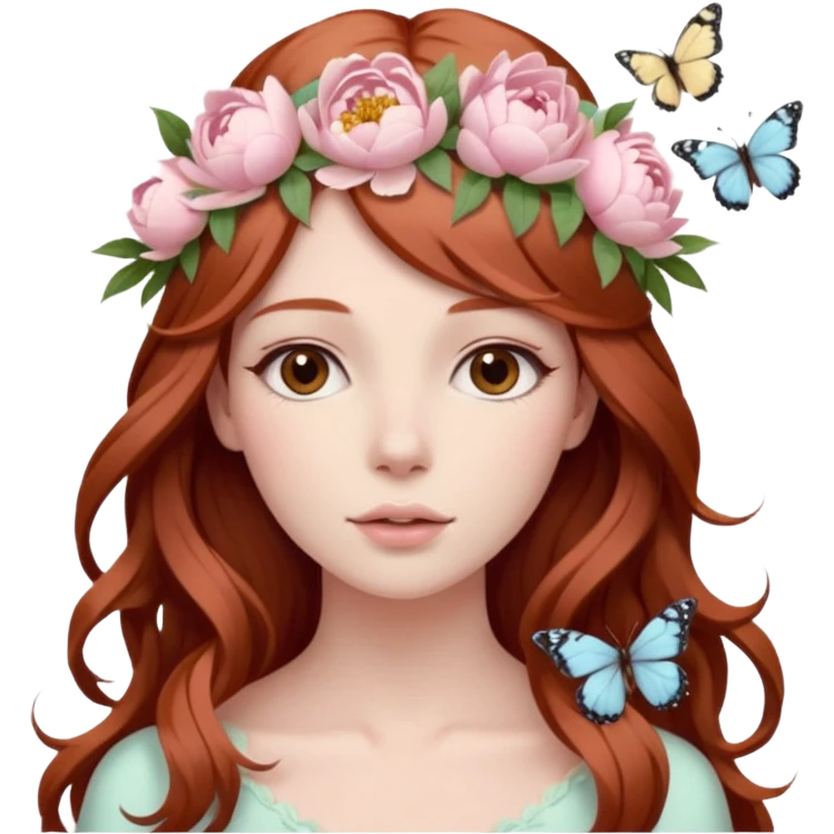 Woman with long flowing auburn hair wearing a pastel flower crown with pale pastel pink peonies and cream colored roses and butterflies in it emoji