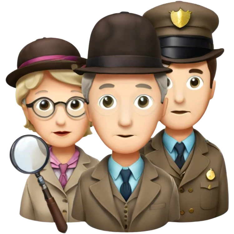 Icon for Detective Movies: A colorful collage with Sherlock Holmes, Miss Marple, and Pinkerton. Include magnifying glasses, clues, detective tools, a criminal and a policeman in the background. The design should evoke mystery and intrigue, with a classic detective movie feel. Transparent background. emoji