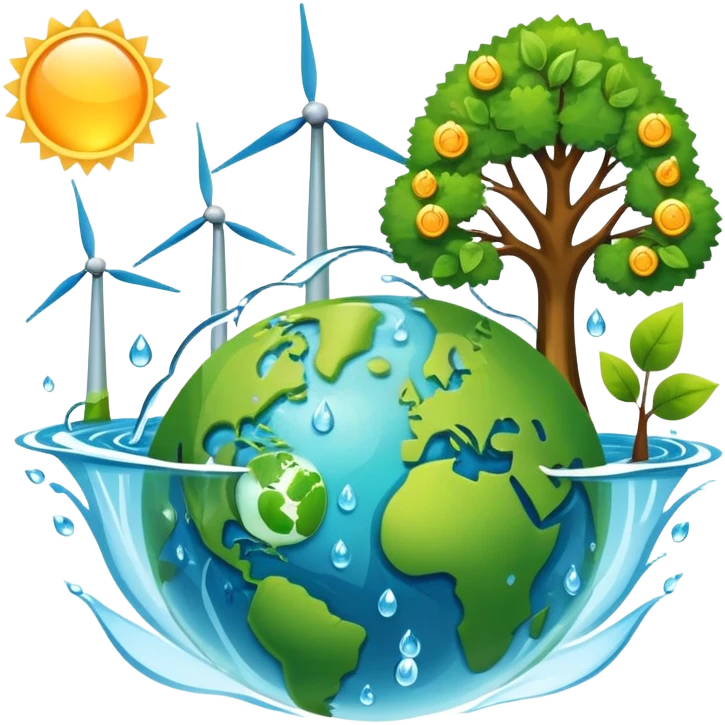 An icon featuring a green Earth, a tree, recycling symbols, and renewable energy sources like wind turbines, solar panels, and hydropower. The design includes animals, water droplets, and the sun, representing ecology, sustainable energy, and environmental protection. Transparent background. emoji