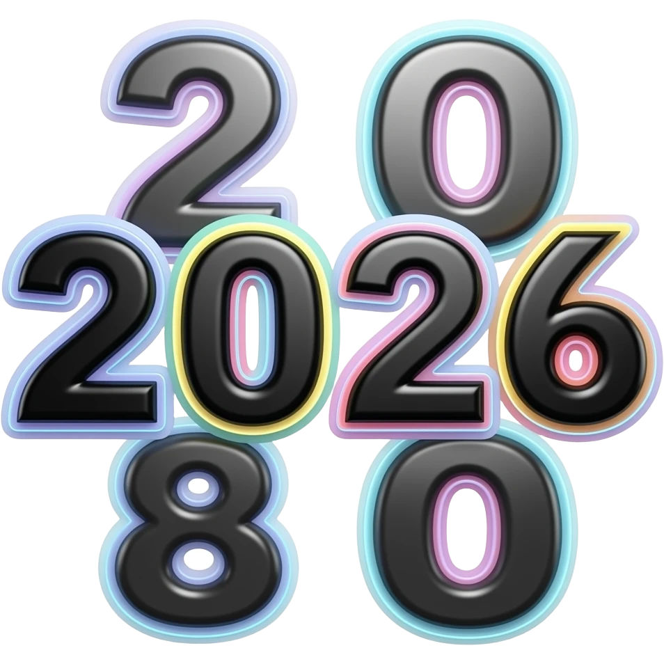 Word "2026" in a highly glossy black color, 3D style typography lettering, with each neon pastel color as a layered effect outlined around each letter, isolated, 3d rendering, no emoji icons no emoji faces and must have no human figures emoji