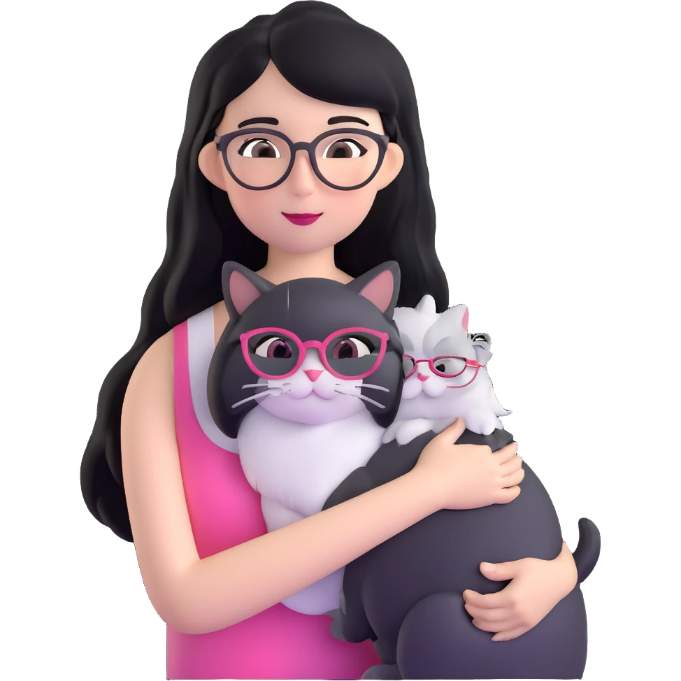 Skinny woman with oval glasses, long straight black hair, pink cheek blush, wearing white sleeveless top, hugging a grey Persian-Angora cat, plain background emoji