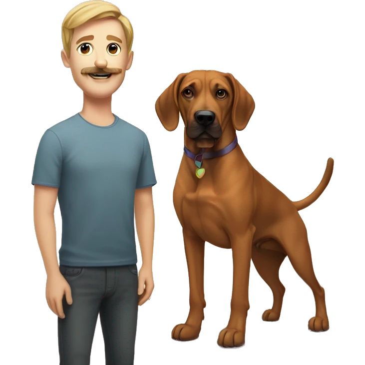 white male with long rainbow colored and a curled mustache hair standing alongside a brown rhodesian ridgeback dog emoji