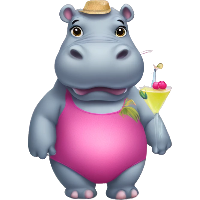 hippo wearing a wig, swimsuit and makeup  with a cocktail emoji
