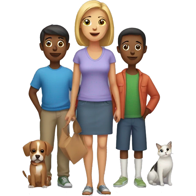 Mom, two sons, two dogs, a cat and bird  emoji