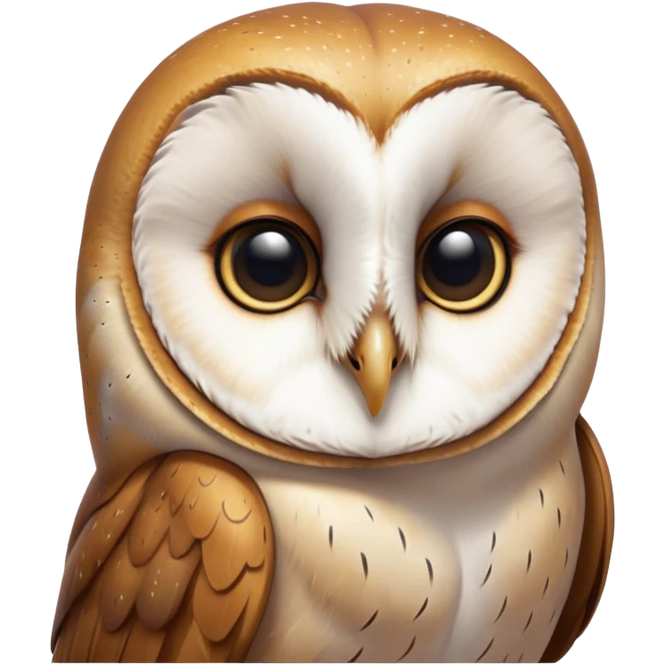 Cinematic Deep Thought Barn Owl Portrait Emoji, Head held high with a serene, contemplative gaze, showcasing its beautifully patterned plumage of white and brown, with eyes deeply focused as if pondering ancient secrets, Simplified yet majestically refined features, highly detailed, glowing with a soft, introspective light, high shine, poised and pensive, stylized with an air of profound wisdom, capturing the essence of an owl immersed in deep thought, so thoughtful it feels like it could silently whisper timeless wisdom from beyond the screen! emoji