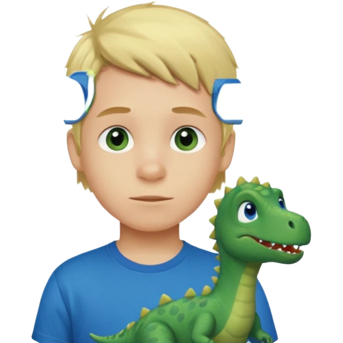 A blond boy with blue eyes wearing a green dinosaur T-shirt emoji