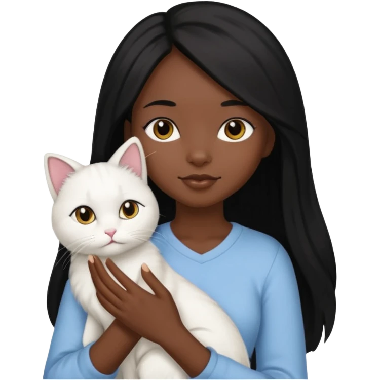 black girl with straight long black hair with a side part.  holding a female white cat emoji