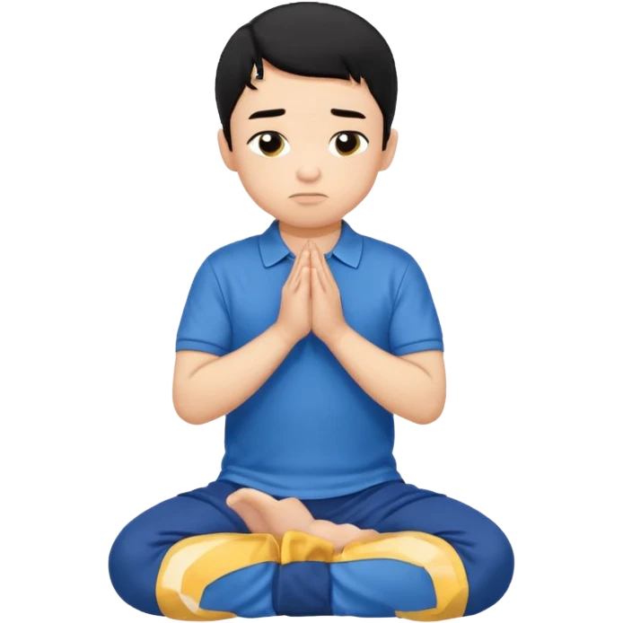 In Niño de cabello negro , arrodillado orando con polo azul emoji