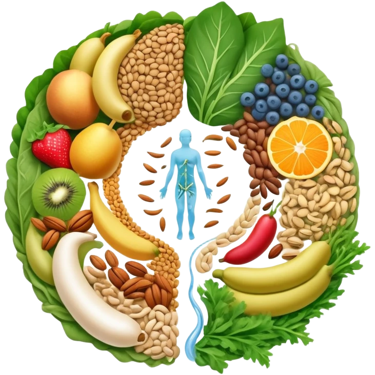 Whole grains, beans, lentils, colorful fruits, leafy greens, and small nuts surrounding an ethereal digestive system with visible intestinal tract. Gentle cleansing light flows through the intestines like a magical river, showing fiber's purifying effect. emoji