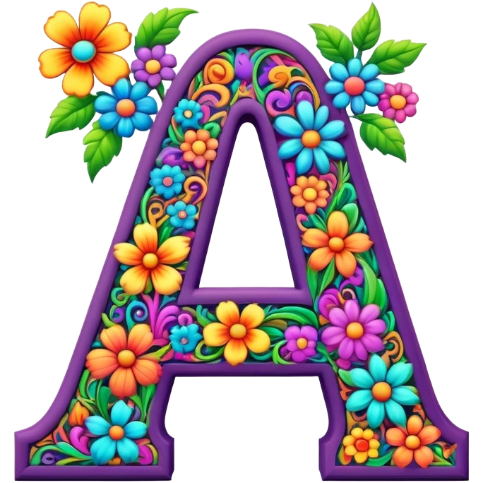 3D, gothic style psychedelic colored Letter A with hippie style flower border emoji