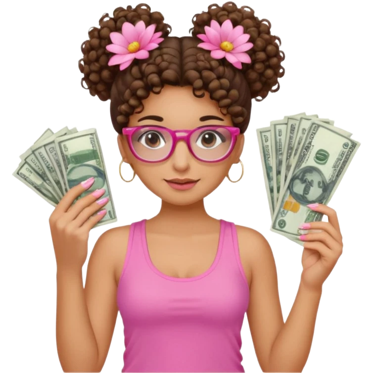 Uma menina com o cabelo cacheado com um Coque com baby hair, morena, e com uma regata rosa com um gloss na frente da regata ,com unha em gel,e com dinheiro na mão ,e com flores na outra mão,  com óculos  emoji