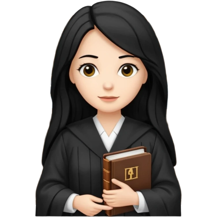 white-women-with-long-black -hair-lawyer-in-lawyer’s-robe. Have law book in hand with bookshelf full of law books in the background. emoji