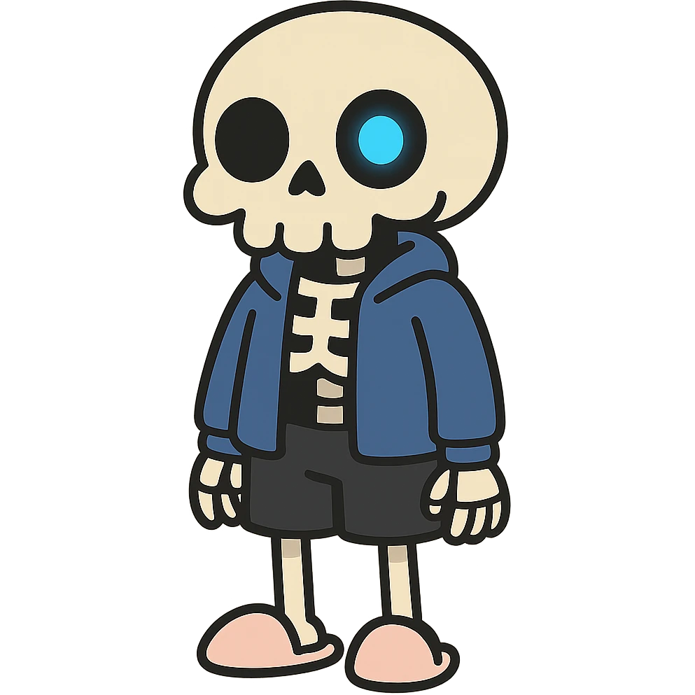 flat toon style short skeleton with blue jacket, black basketball shorts, light pink slippers, blue glowing left eye emoji