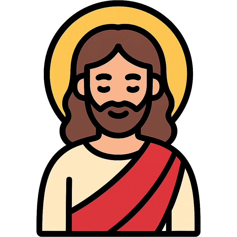 Jesus as a color icon, stylized with soft features, iconic robe, and a glowing halo emoji