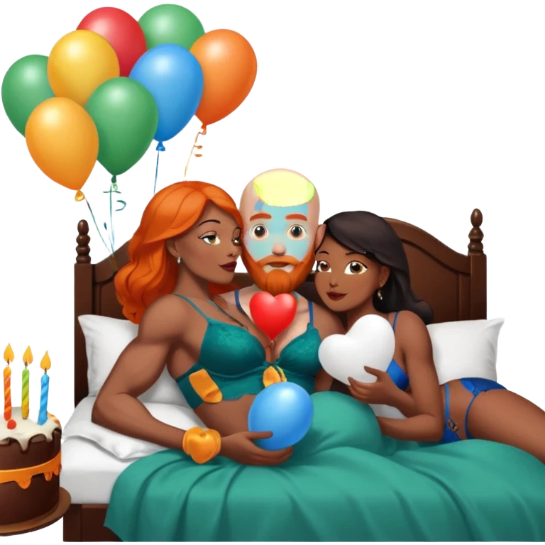 Muscular Bald white male who has a orange beard & blue eyes, kissing curvy African American dark brown woman who has long brown black hair wearing dark green lingerie Laying in bed with chocolate birthday cake and balloons  emoji