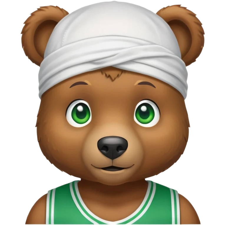 Cute brown bear with green eyes wearing a white durag and a basketball jersey visible only up to the shoulders, iOS emoji style emoji