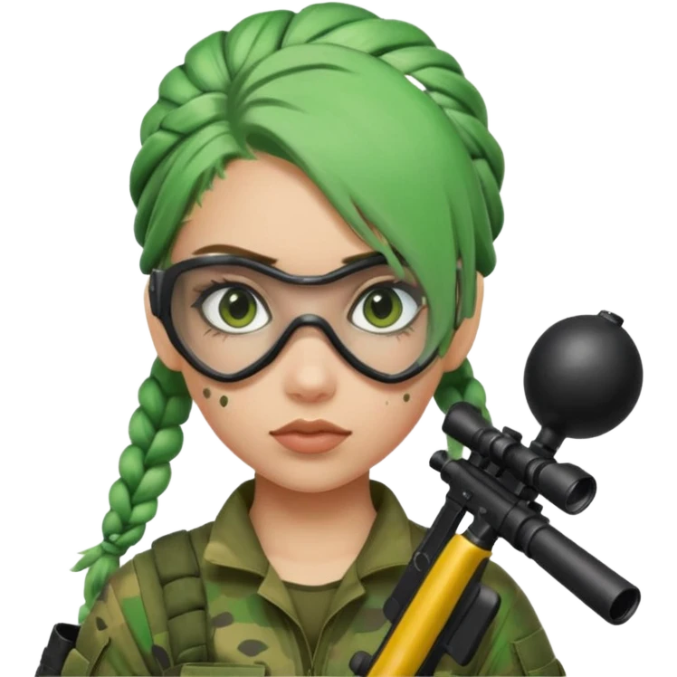 paintball player face girl braided green hair emoji