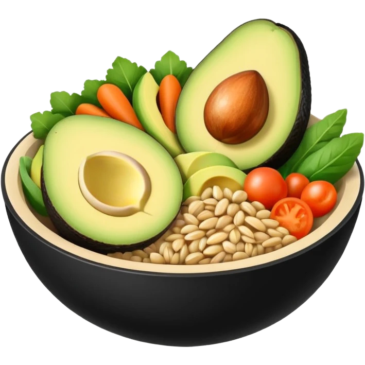 Minimalistic flat vector icon, iOS style, thin black contour on white background. Bowl with vegetables, grains, and avocado slices inside. Clean, no text, no shadows emoji