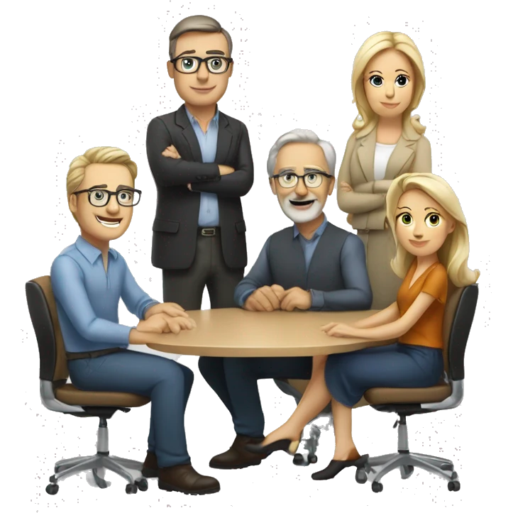 4 people sitting around a meeting table, the people should look like they are at lest 50 years old Caucasian dressed in neat casual attire. emoji