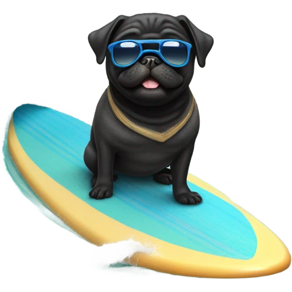 Black pug surfing in the ocean emoji