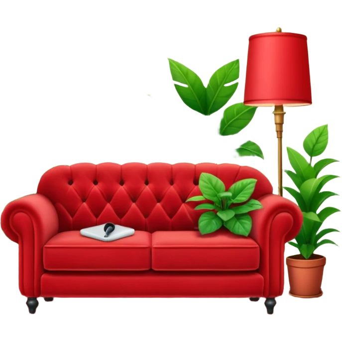 front view of a red velvet couch with a mic in front and small houseplants in the background emoji